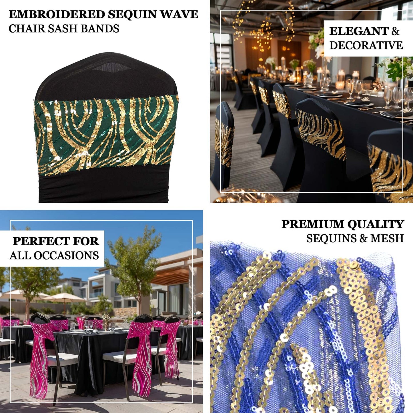 5 Pack Wave Chair Sash Bands With Embroidered Sequins