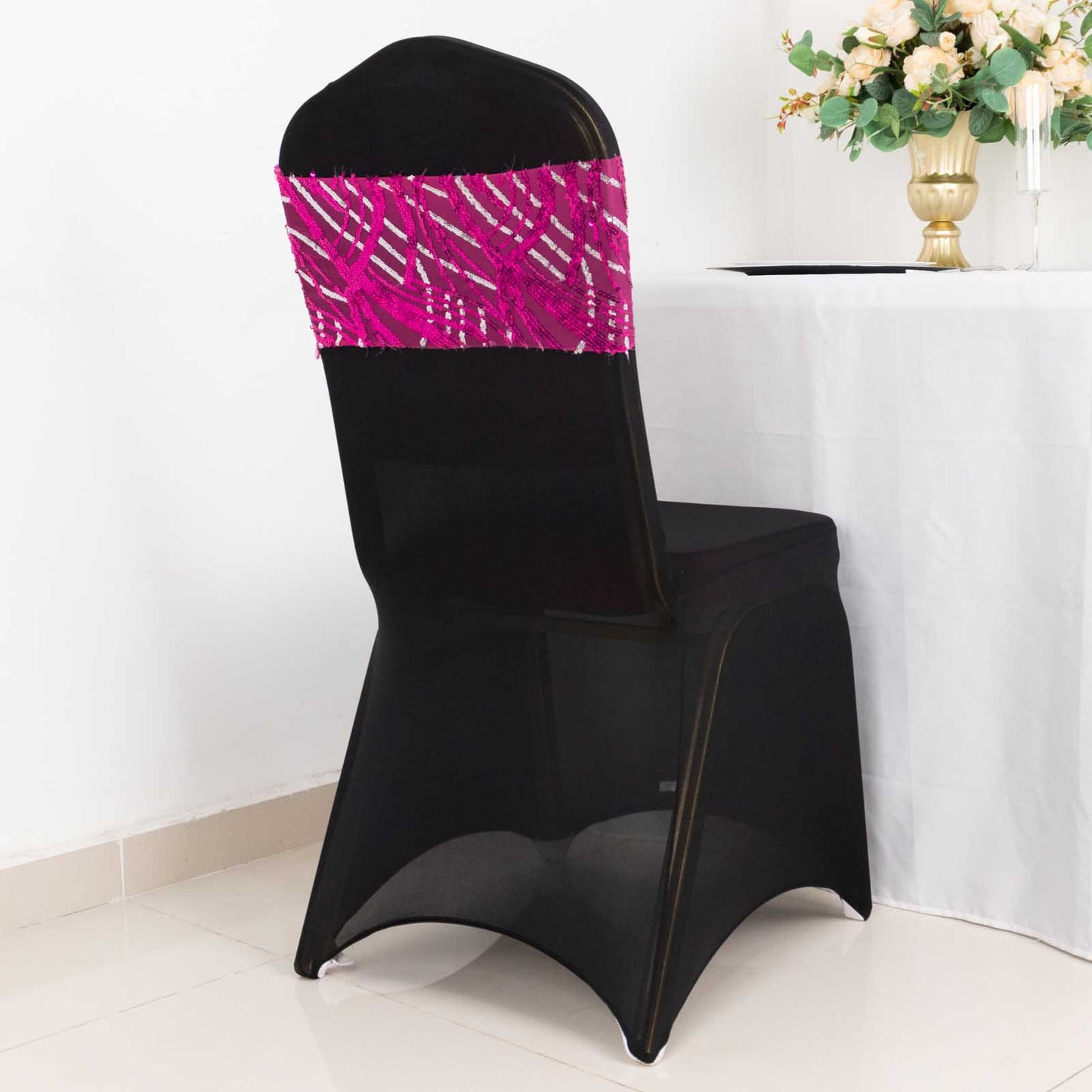 5 Pack Fuchsia Silver Wave Chair Sash Bands With Embroidered Sequins