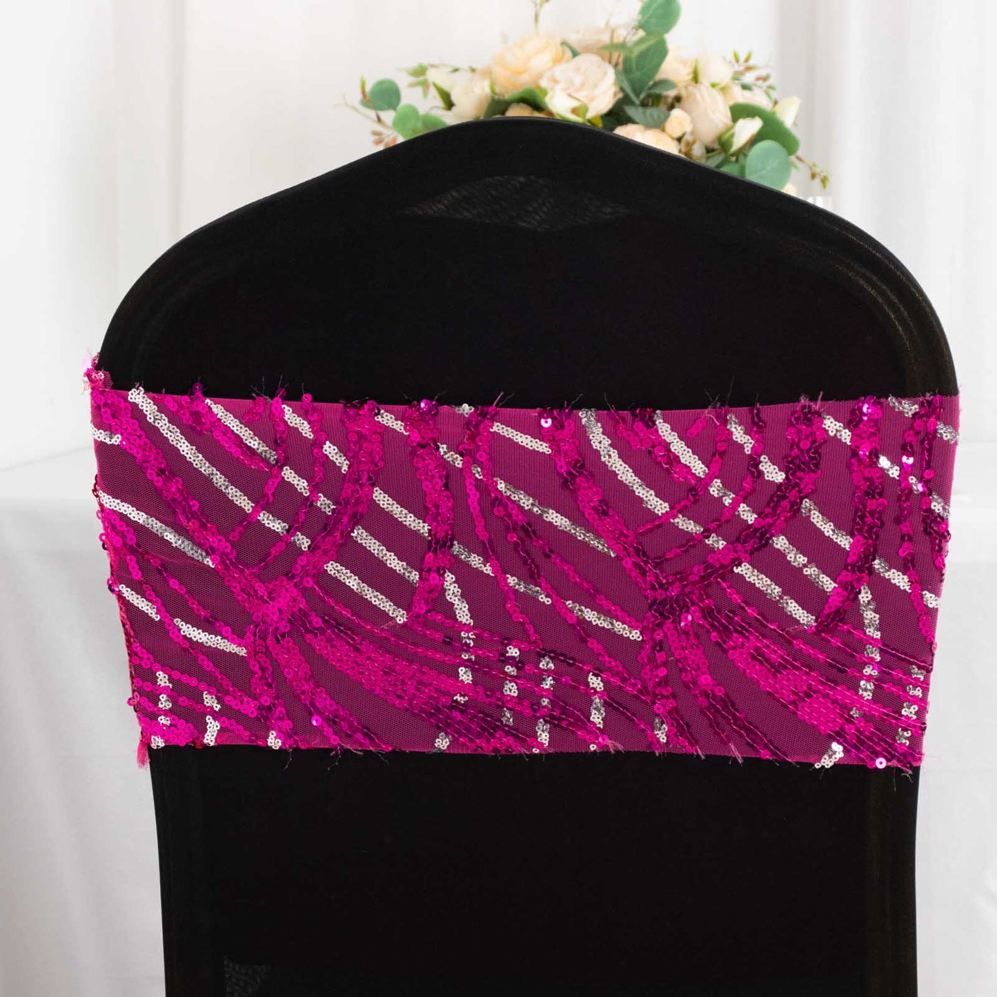 5 Pack Fuchsia Silver Wave Chair Sash Bands With Embroidered Sequins