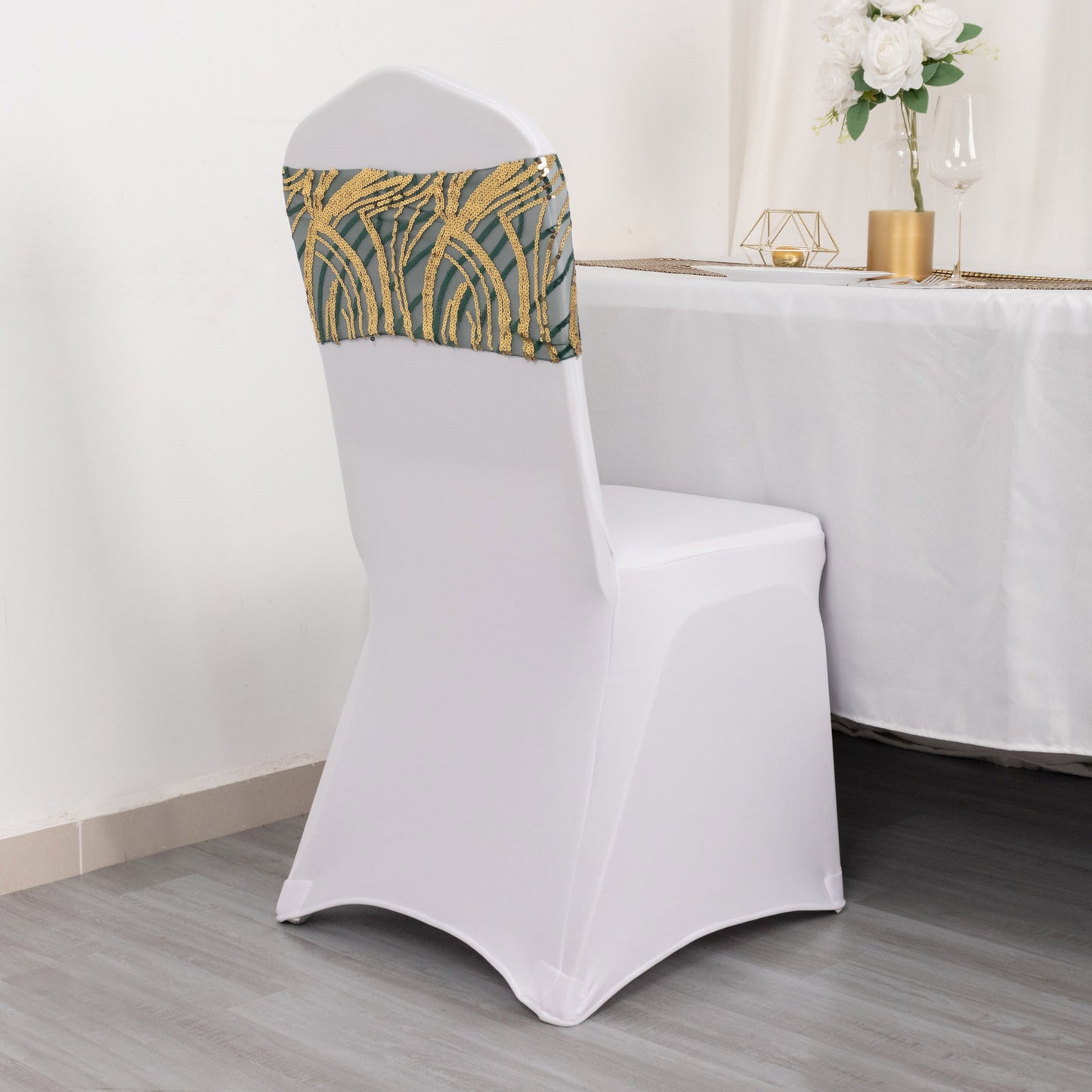 5 Pack Hunter Emerald Green Gold Wave Chair Sash Bands With Embroidered Sequins