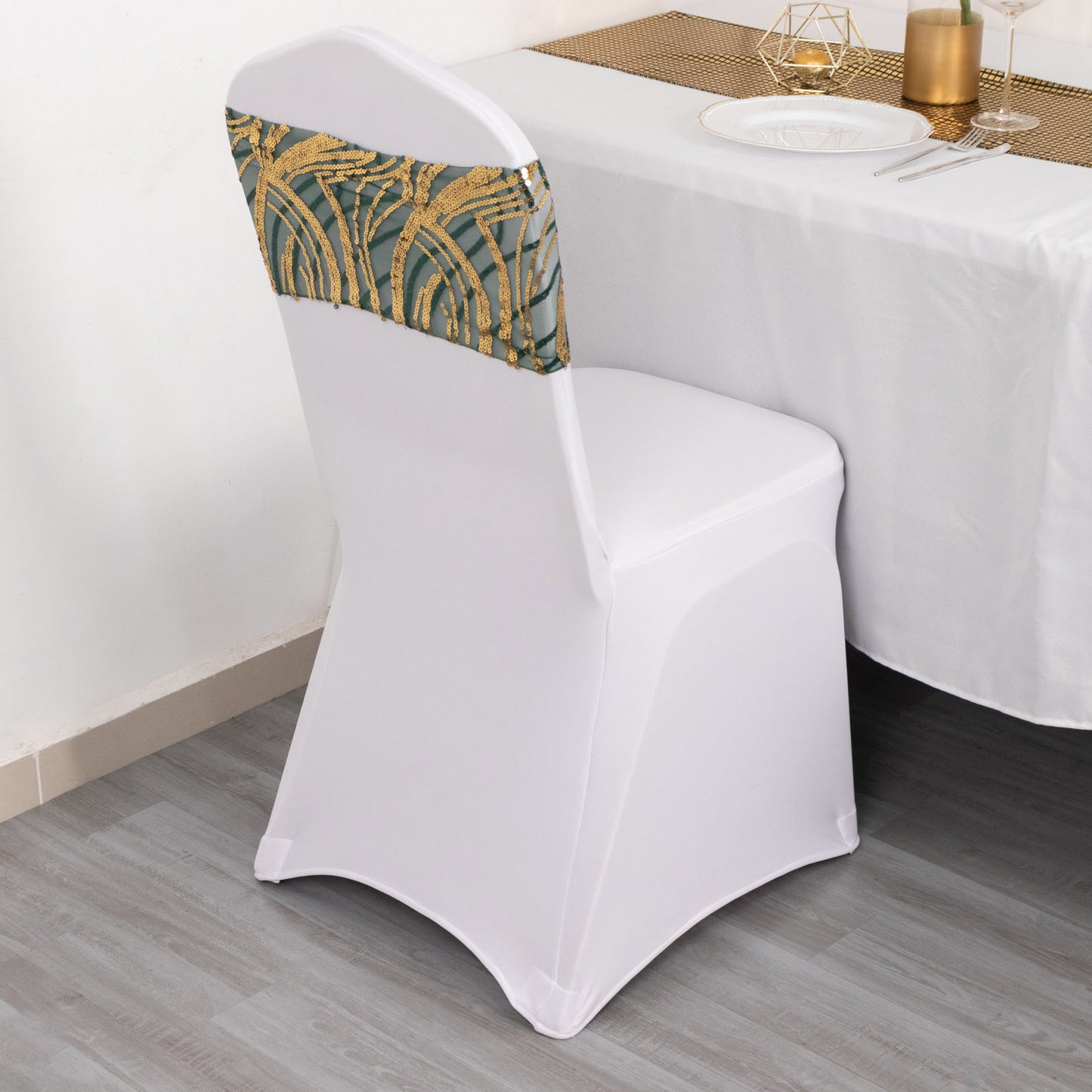 5 Pack Hunter Emerald Green Gold Wave Chair Sash Bands With Embroidered Sequins