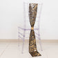 Black gold wave embroidered sequin mesh chair sash on transparent chair.