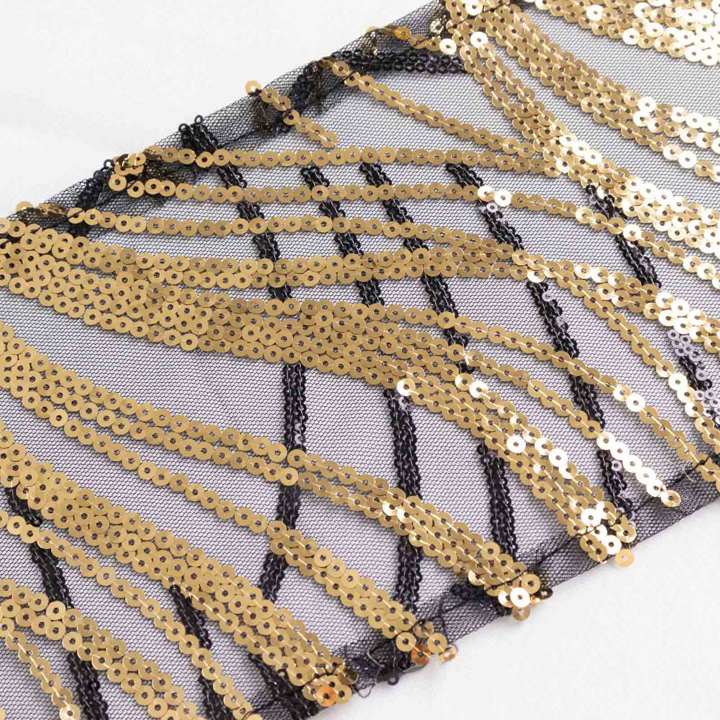 Black and gold wave embroidered sequin chair sash, 6"x88".