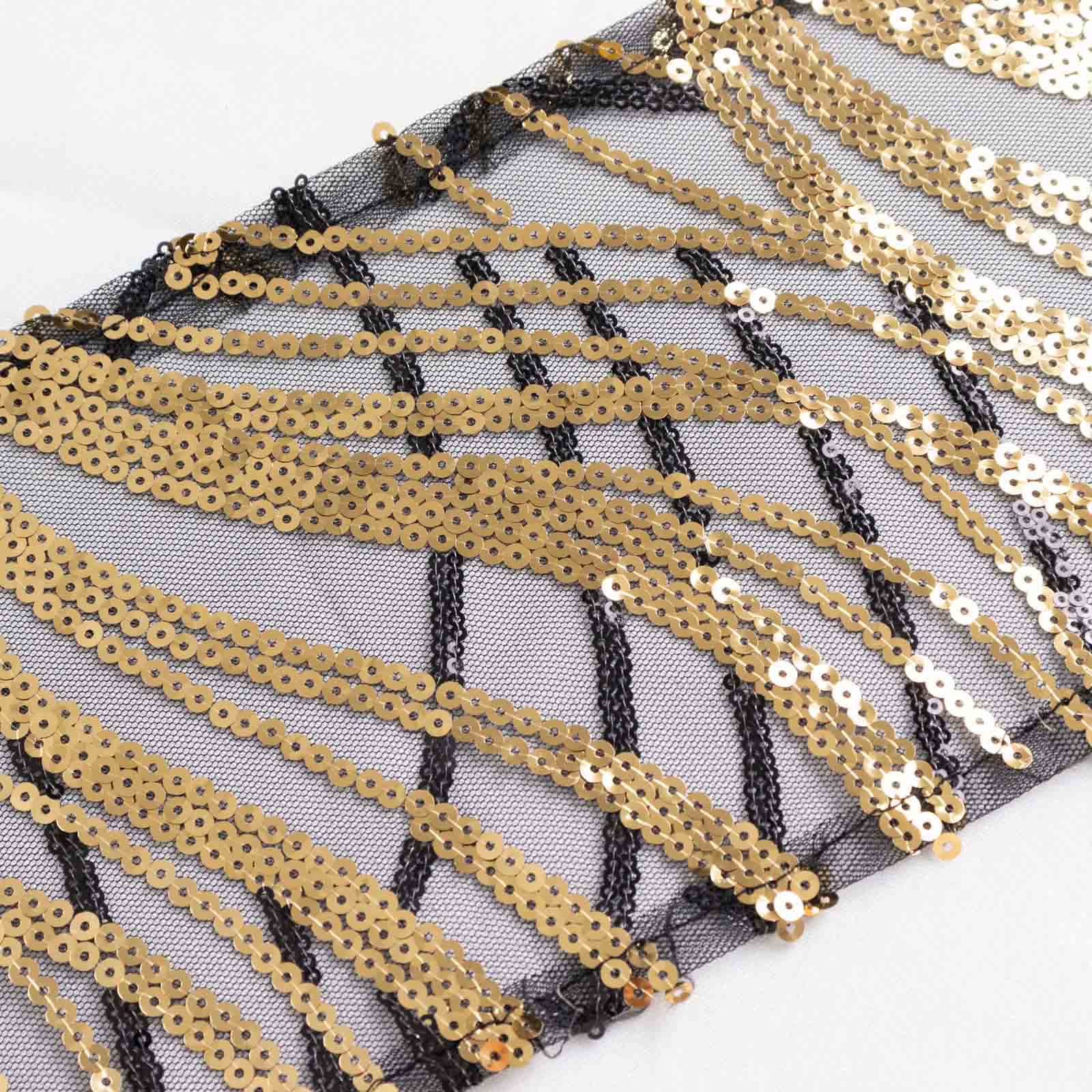 Black and gold wave embroidered sequin chair sash, 6"x88".