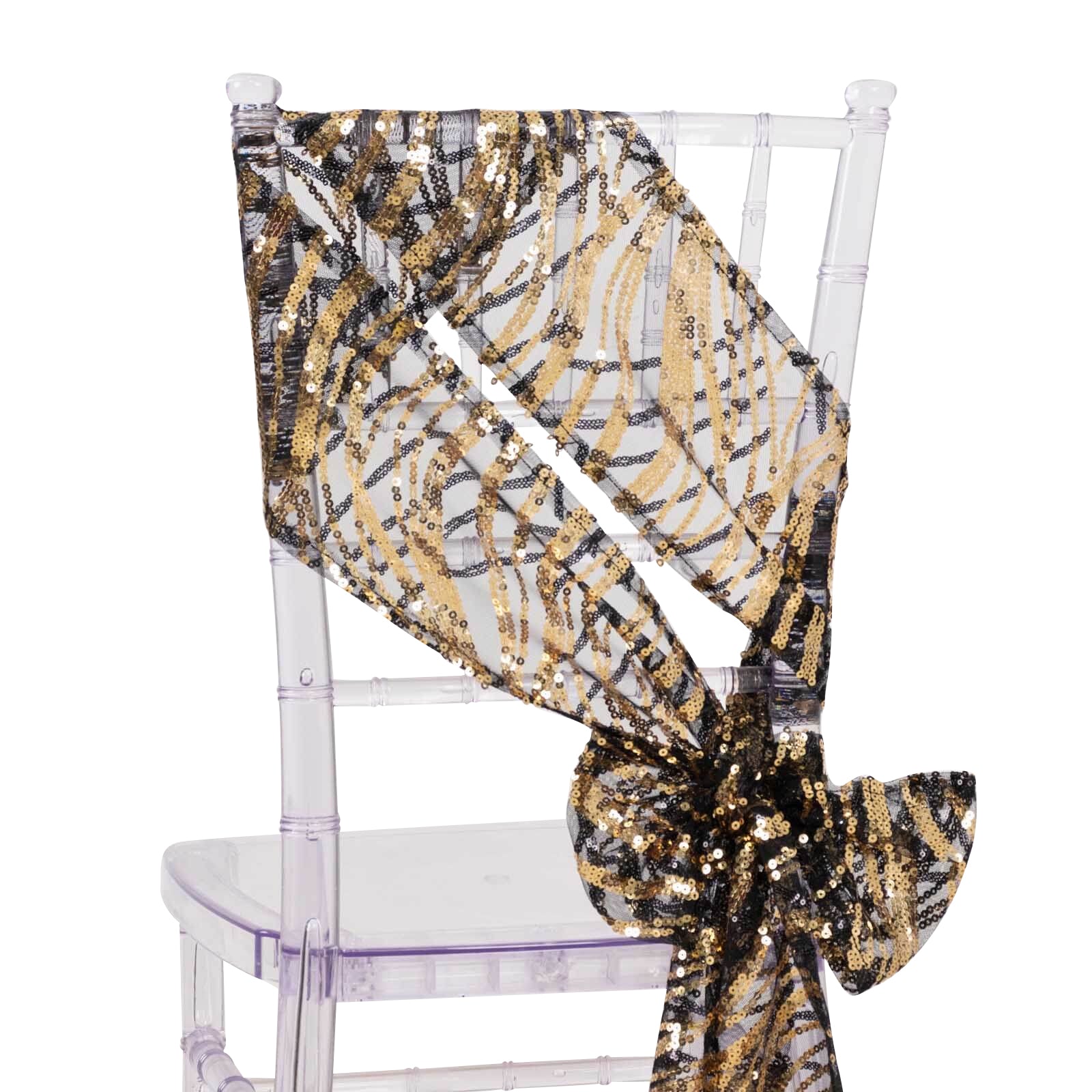 Black and gold embroidered sequin mesh chair sash on a clear chair. #whtbkgd