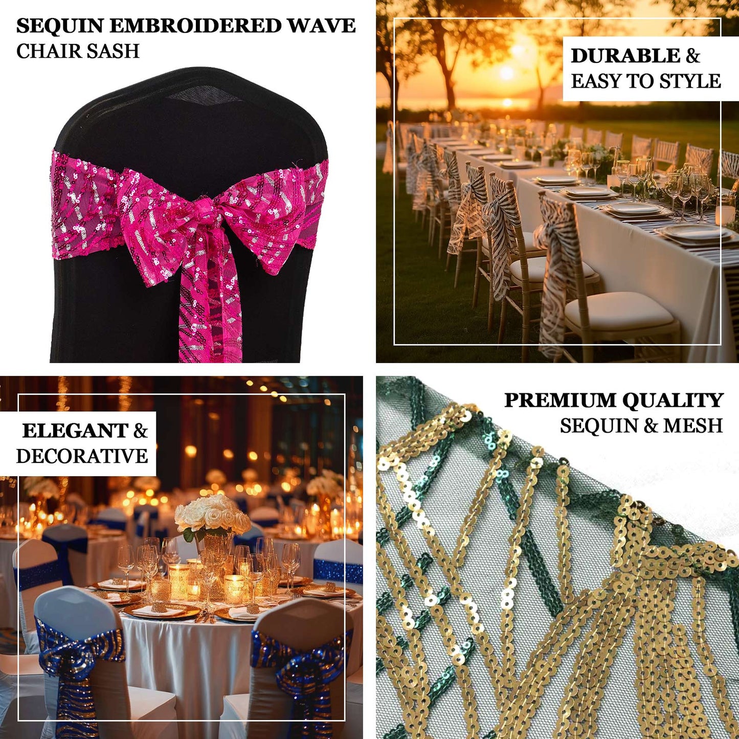 Black gold wave embroidered sequin mesh chair sashes, pack of 5.