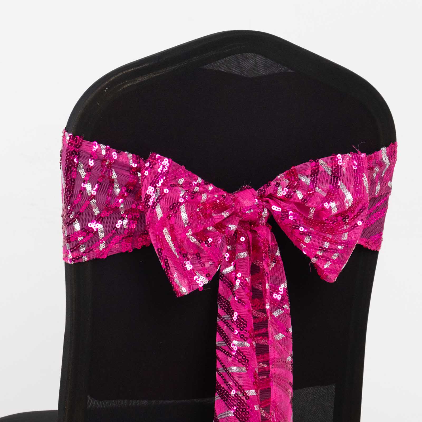 Fuchsia sequin mesh chair sash with silver wave design.