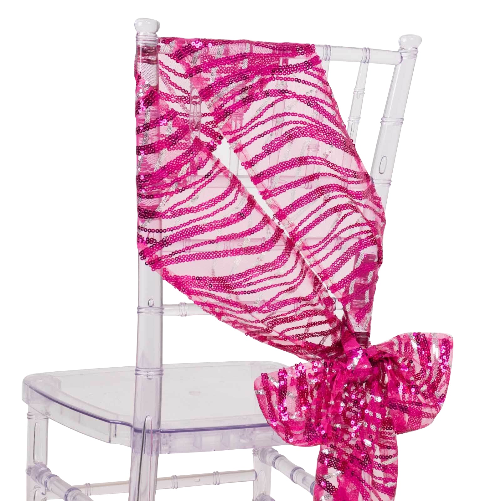 Fuchsia silver wave embroidered sequin mesh chair sashes on a clear chair.