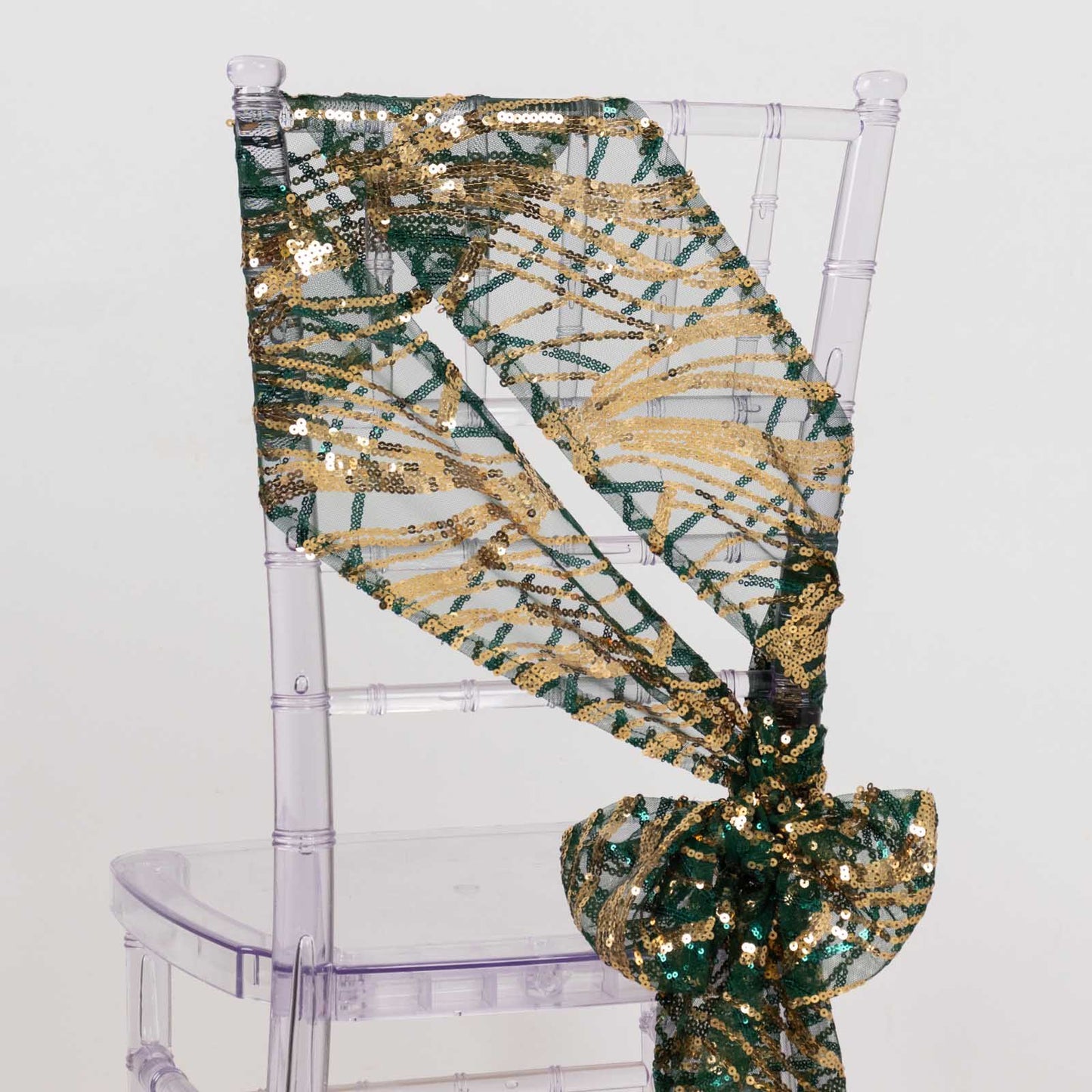 Hunter emerald green and gold wave embroidered sequin chair sash.