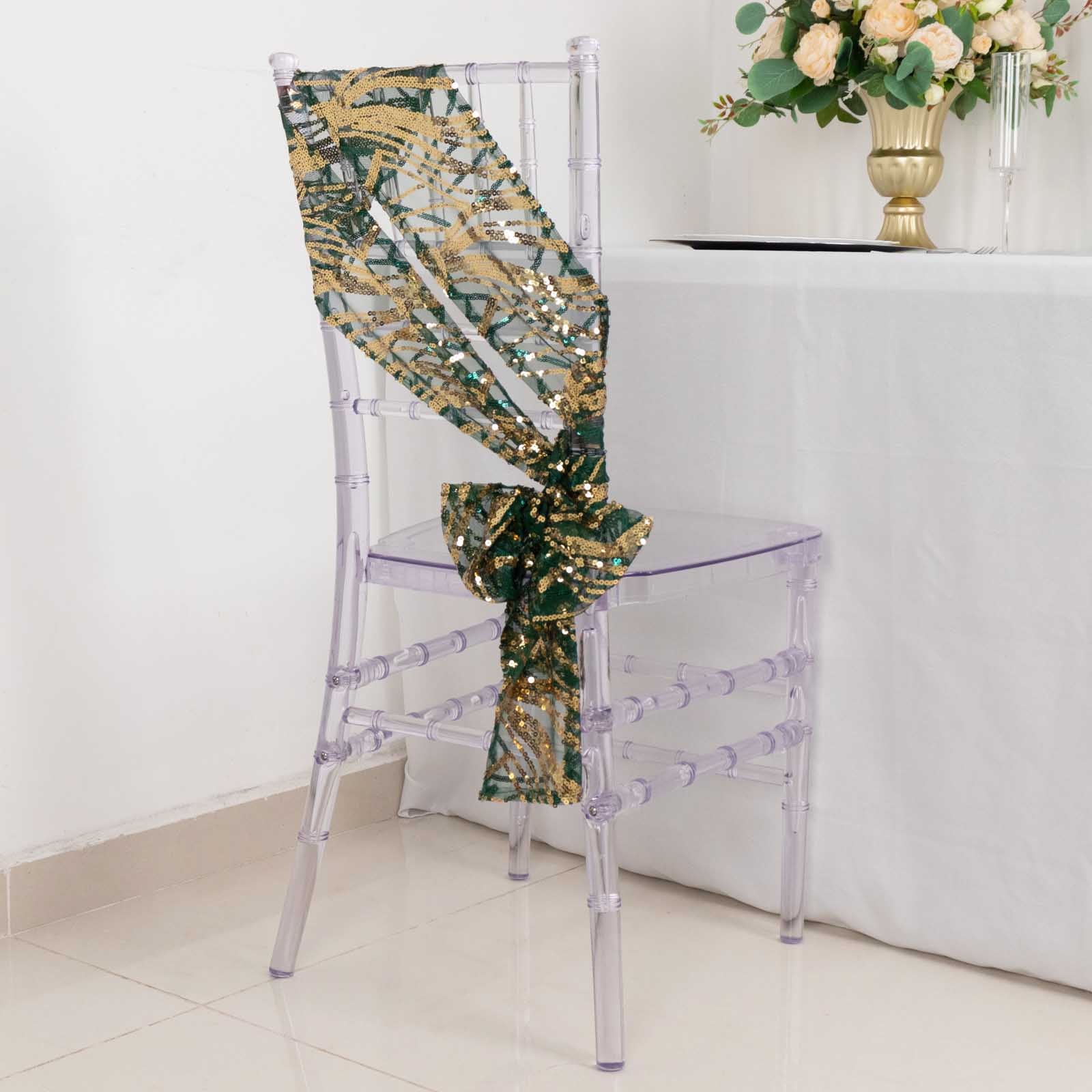 Hunter emerald green gold wave embroidered sequin chair sash on clear chair.