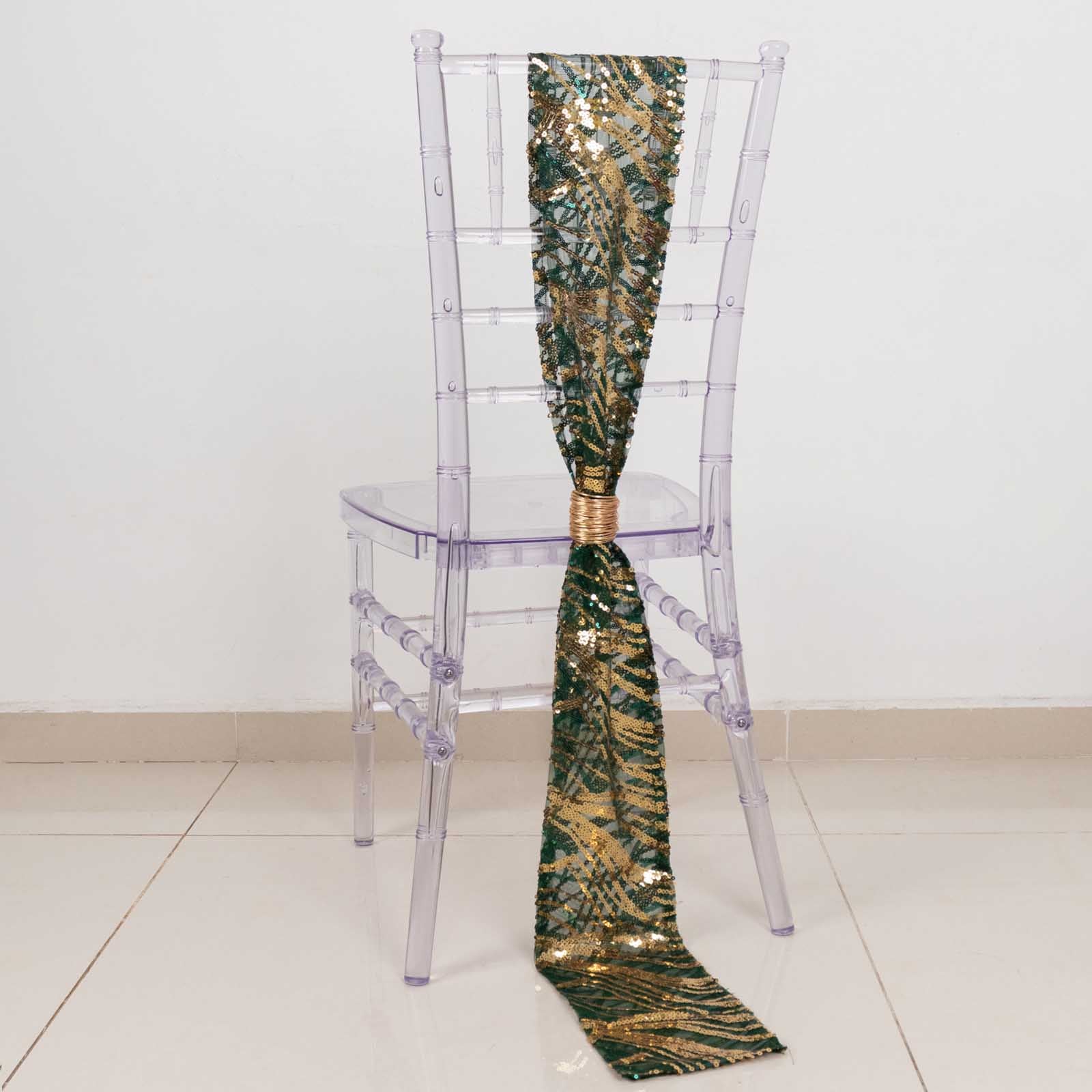 Hunter emerald green and gold wave embroidered sequin chair sash.