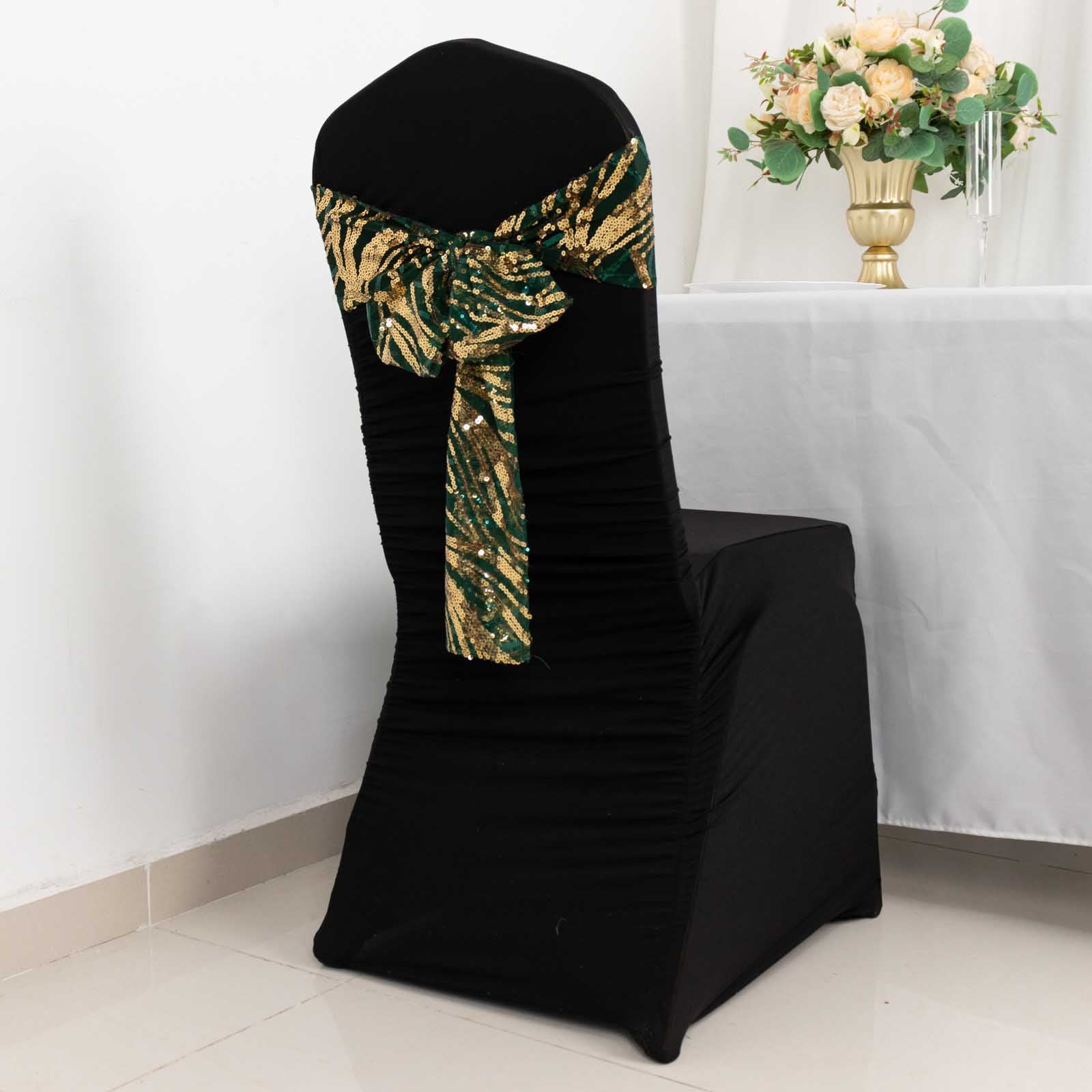 Hunter emerald green and gold wave embroidered sequin chair sash on black chair.