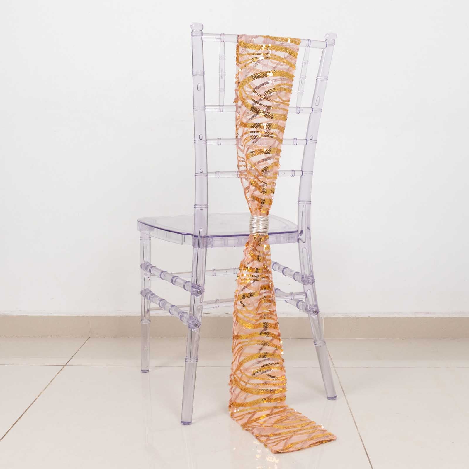 Rose gold mesh chair sash with gold wave embroidered sequins.