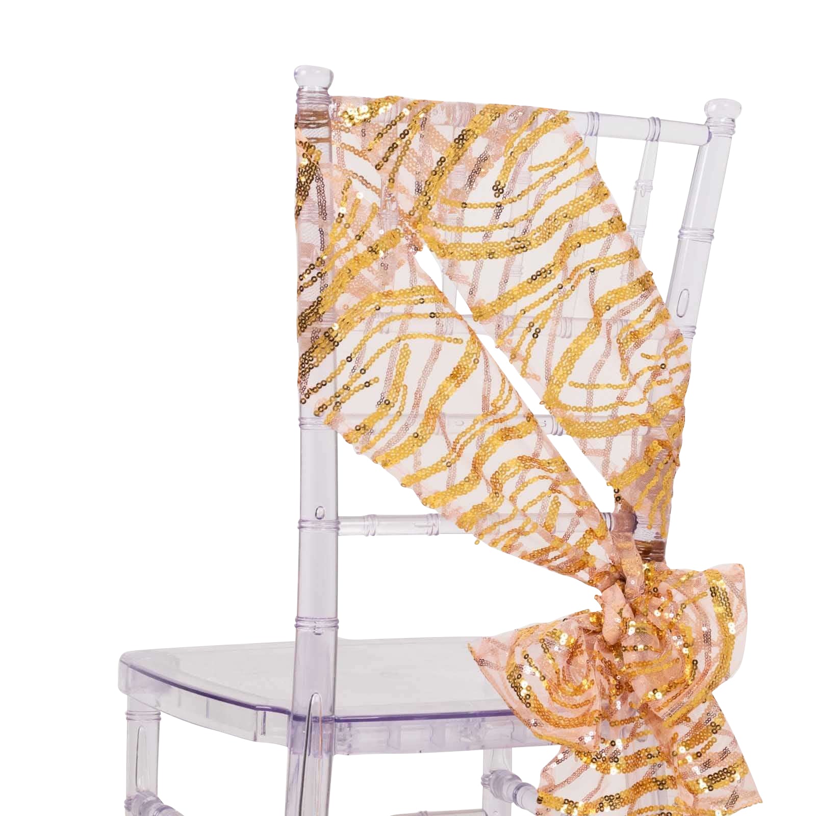 Rose gold mesh chair sash with gold wave sequins draped on a clear chair.