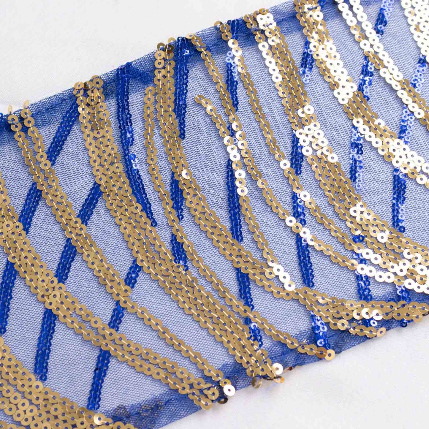 5 Pack 6"x88" Royal Blue Gold Wave Embroidered Sequin Mesh Chair Sashes