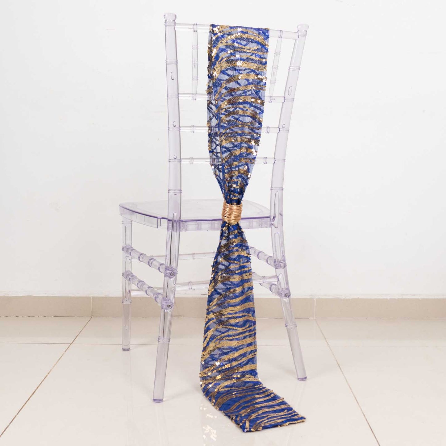 5 Pack 6"x88" Royal Blue Gold Wave Embroidered Sequin Mesh Chair Sashes
