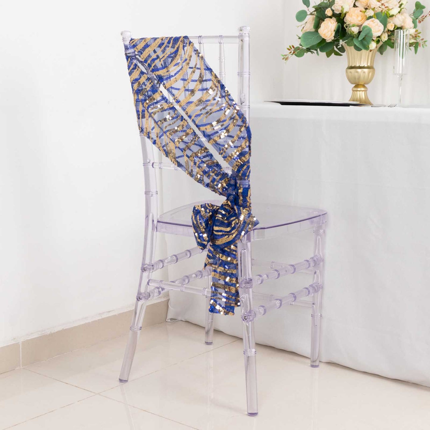 5 Pack 6"x88" Royal Blue Gold Wave Embroidered Sequin Mesh Chair Sashes