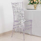White and black wave embroidered sequin mesh chair sash on a clear chair.