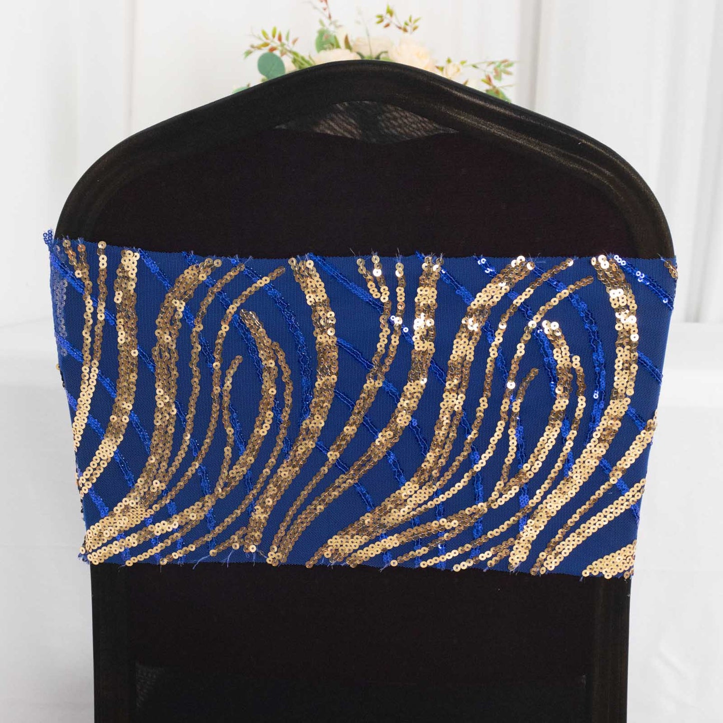 5 Pack Royal Blue Gold Wave Chair Sash Bands With Embroidered Sequins