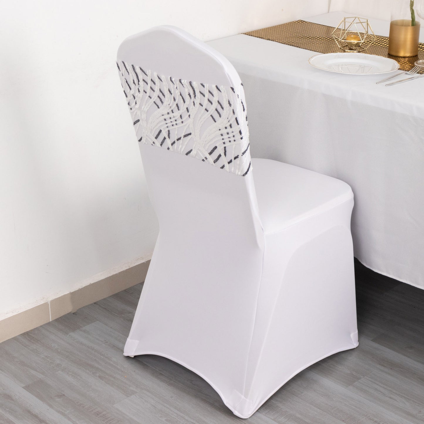 5 Pack White Black Wave Chair Sash Bands With Embroidered Sequins