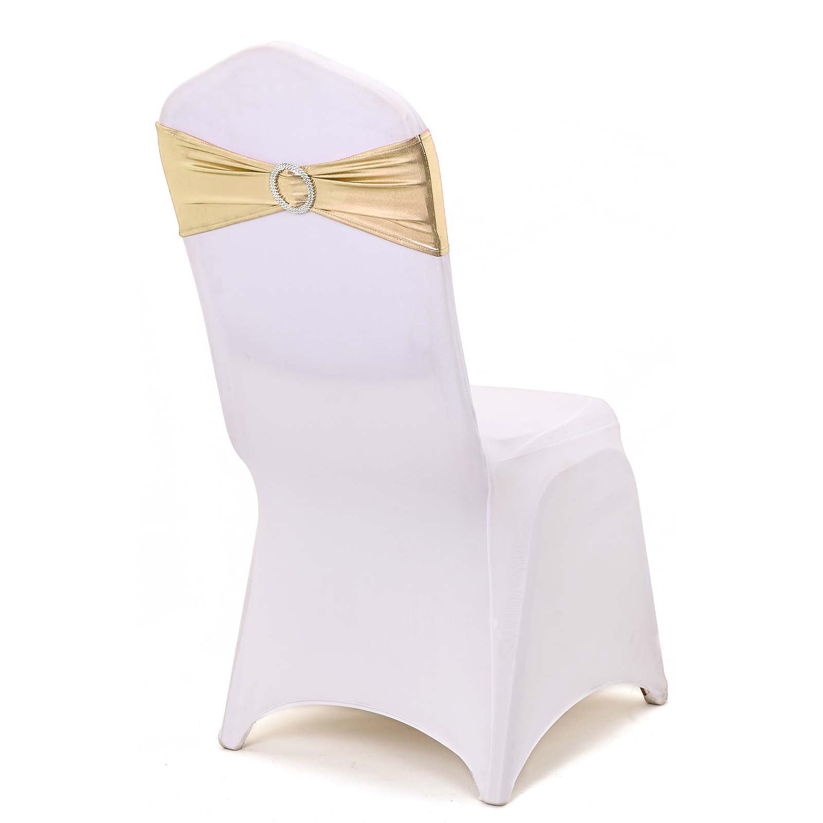 Champagne Spandex Chair Sashes with Attached Round Diamond Buckle 5 Pack