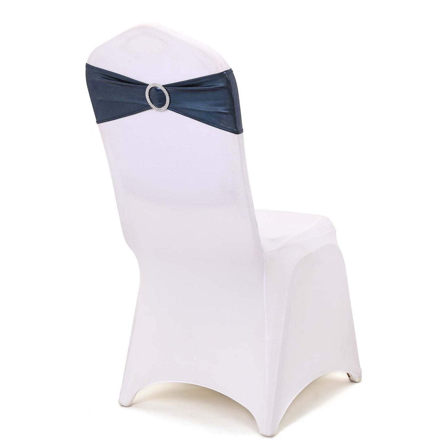 5 pack Metallic Navy Blue Spandex Chair Sashes With Attached Round Diamond Buckles