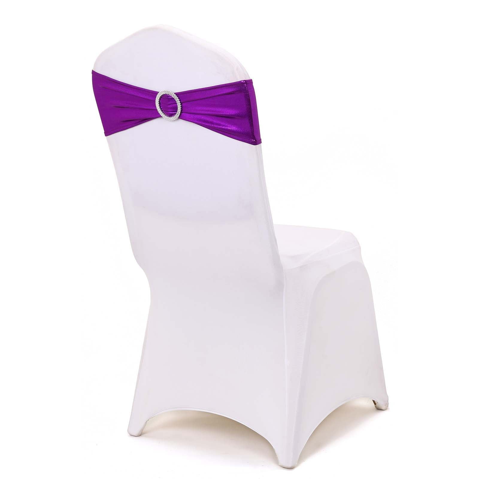 5 pack Metallic Purple Spandex Chair Sashes With Attached Round Diamond Buckles