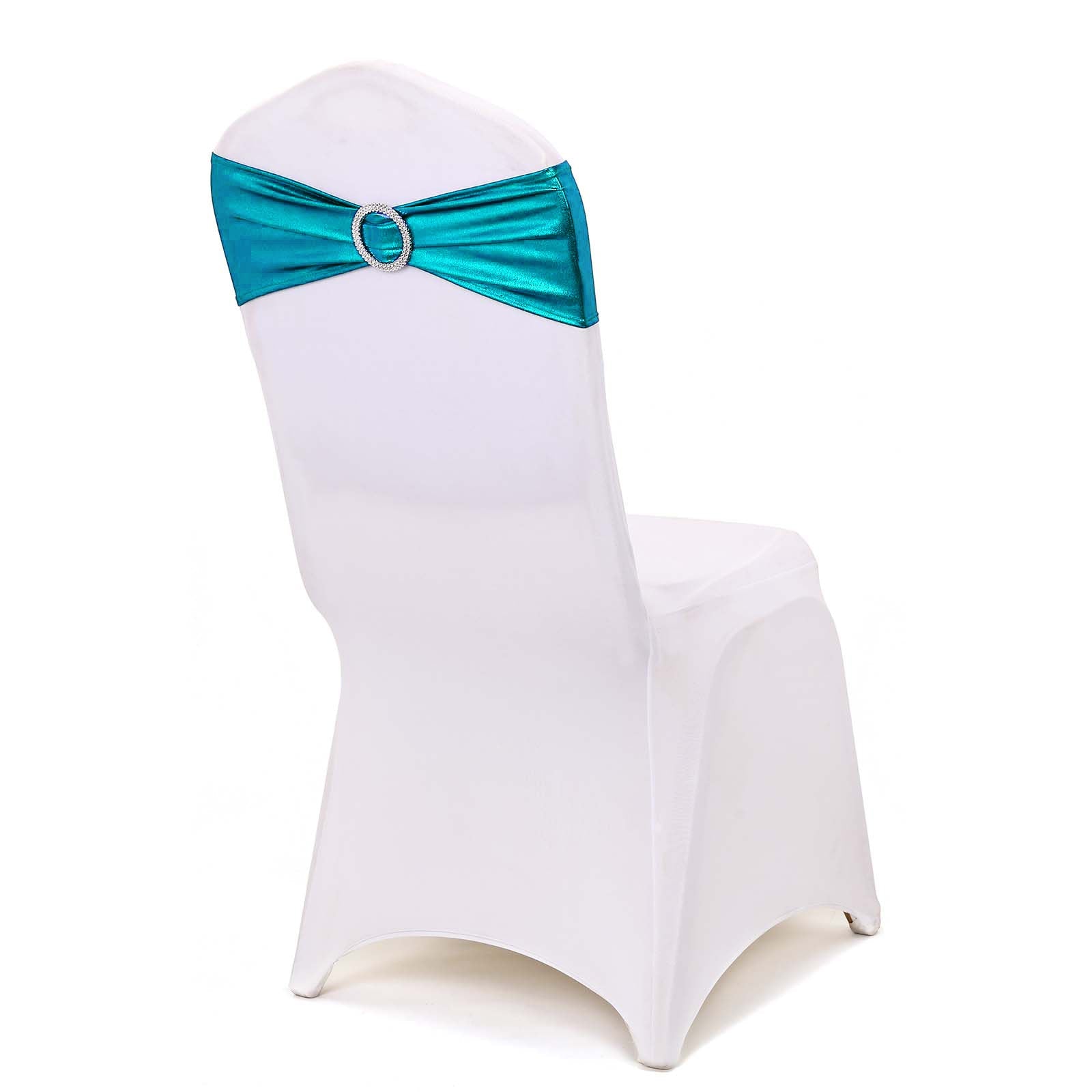 5 Pack of Metallic Peacock Teal Spandex Chair Sashes and Round Diamond Buckles