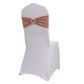 Rose gold shimmer tinsel stretch chair sash with silver rhinestone buckle.