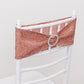 Rose gold shimmer tinsel spandex chair sash with silver rhinestone buckle.