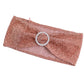 Rose gold shimmer tinsel spandex stretch chair sash with silver rhinestone buckle.