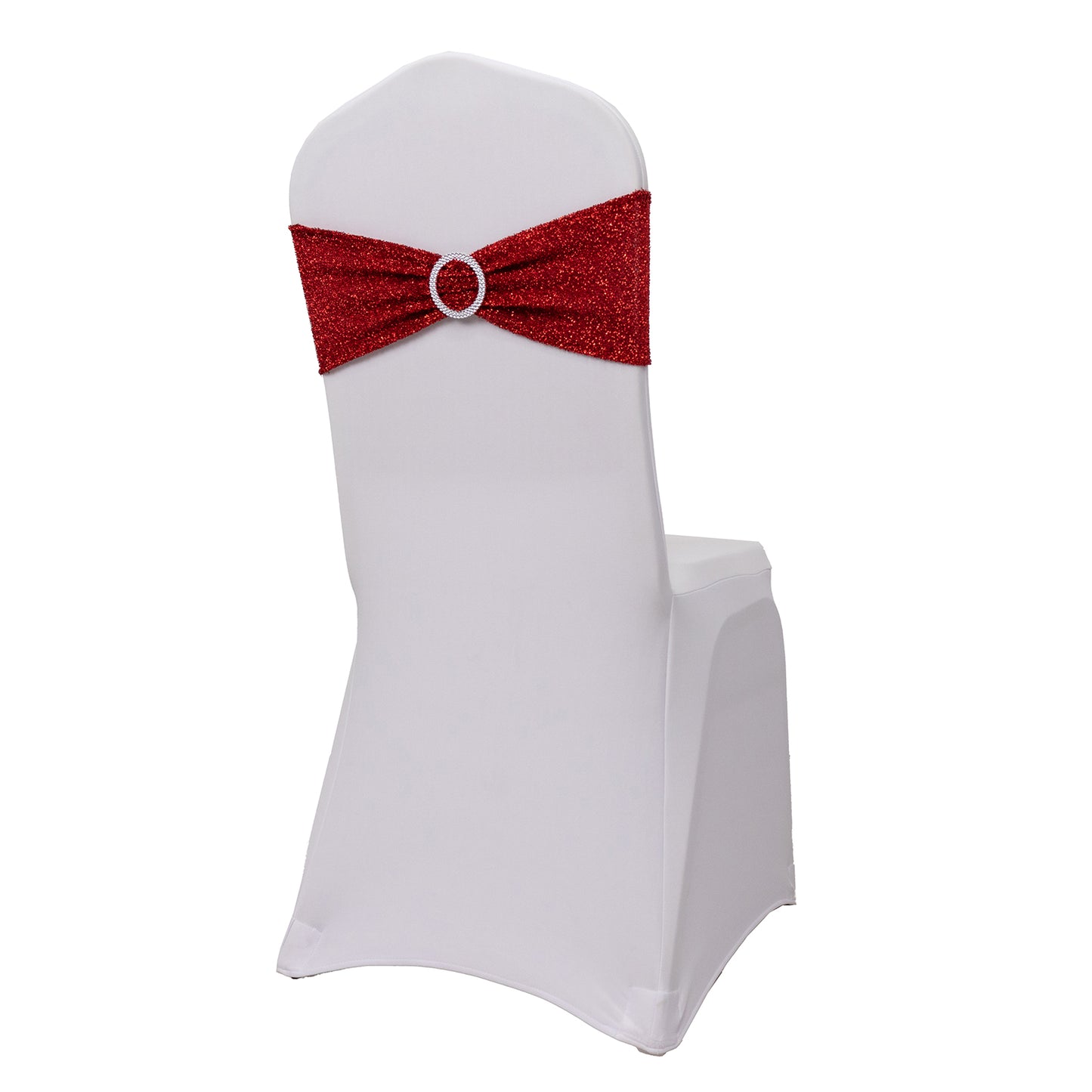 Red shimmer tinsel stretch chair sash with silver rhinestone buckle.
