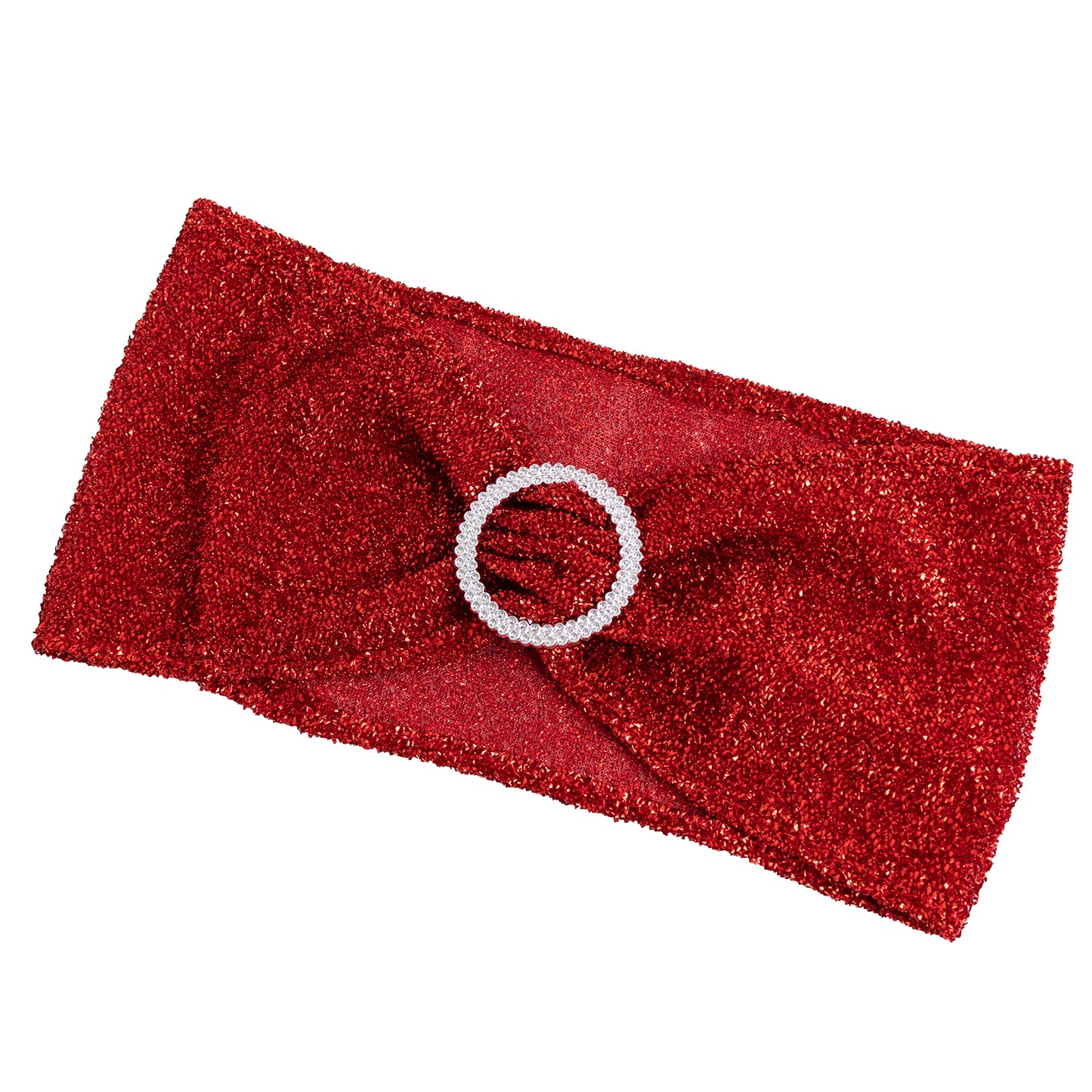 Red shimmer tinsel spandex stretch chair sash with silver rhinestone buckle.