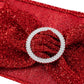 Red shimmer tinsel spandex chair sash with silver rhinestone buckle.