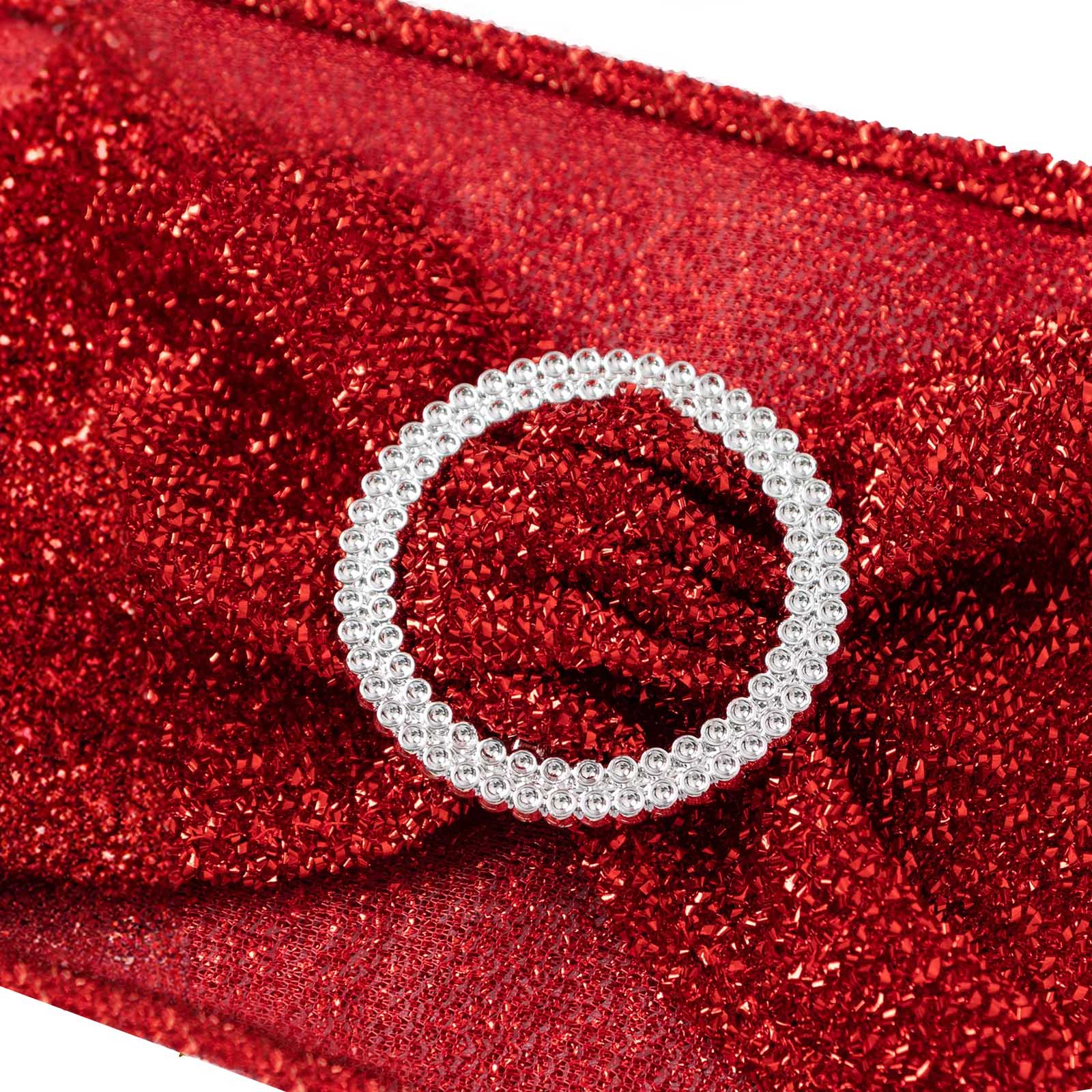 Red shimmer tinsel spandex chair sash with silver rhinestone buckle.