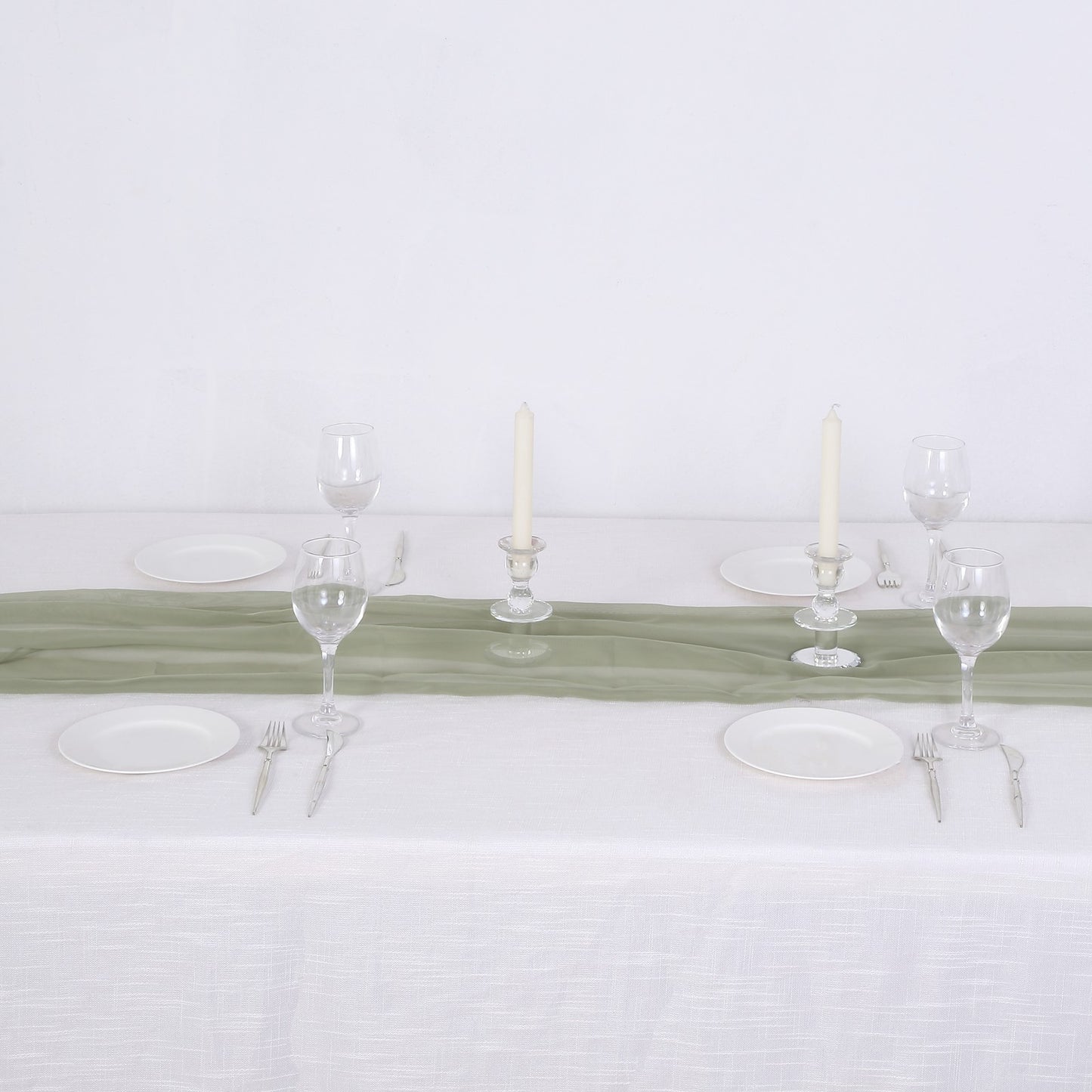 6ft Dusty Sage Green Chiffon Table Runner on a white table setting.