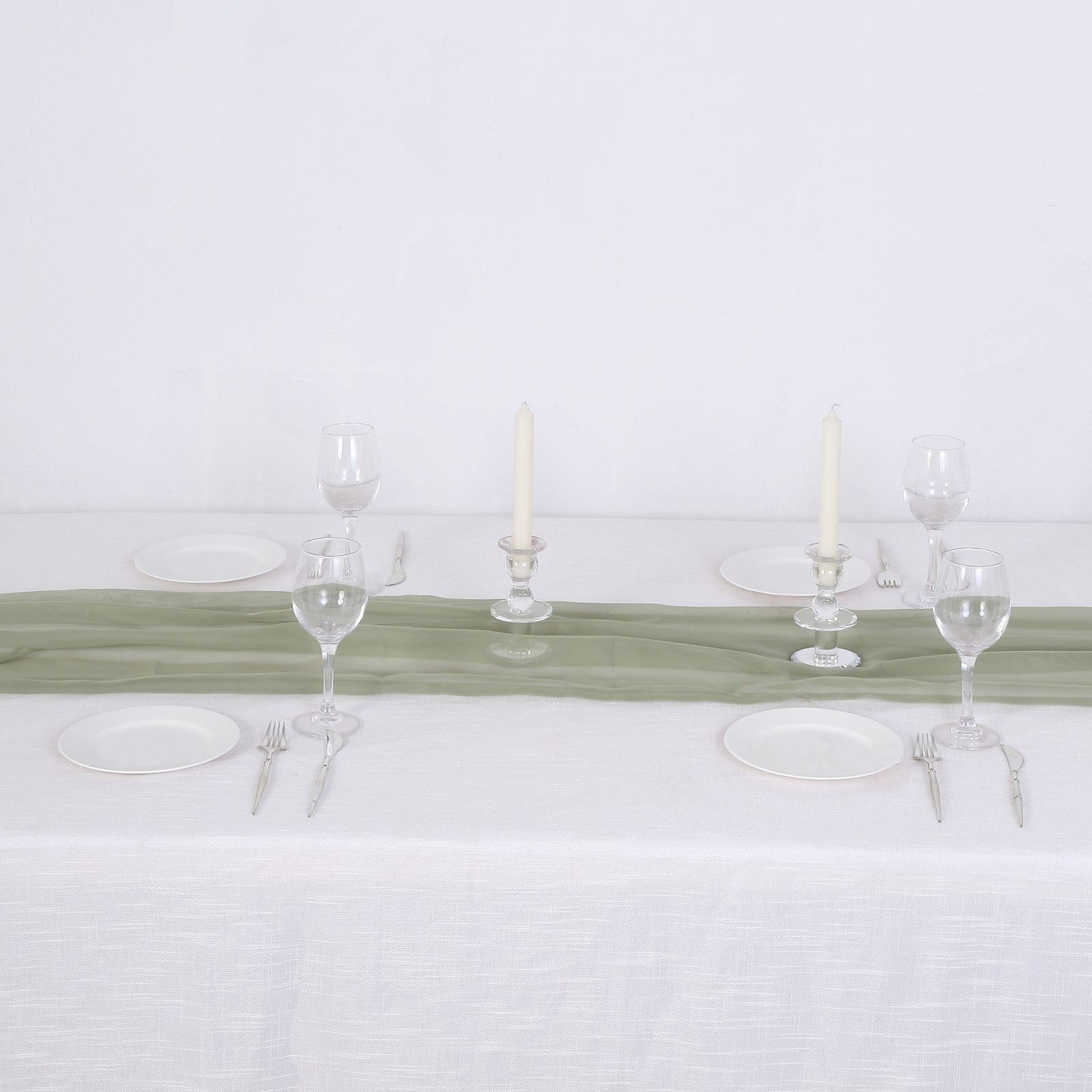 6ft Dusty Sage Green Chiffon Table Runner on a white table setting.