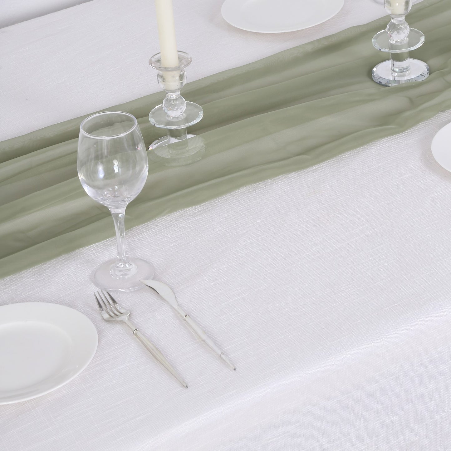 6ft Dusty Sage Green Chiffon Table Runner on a white table setting.