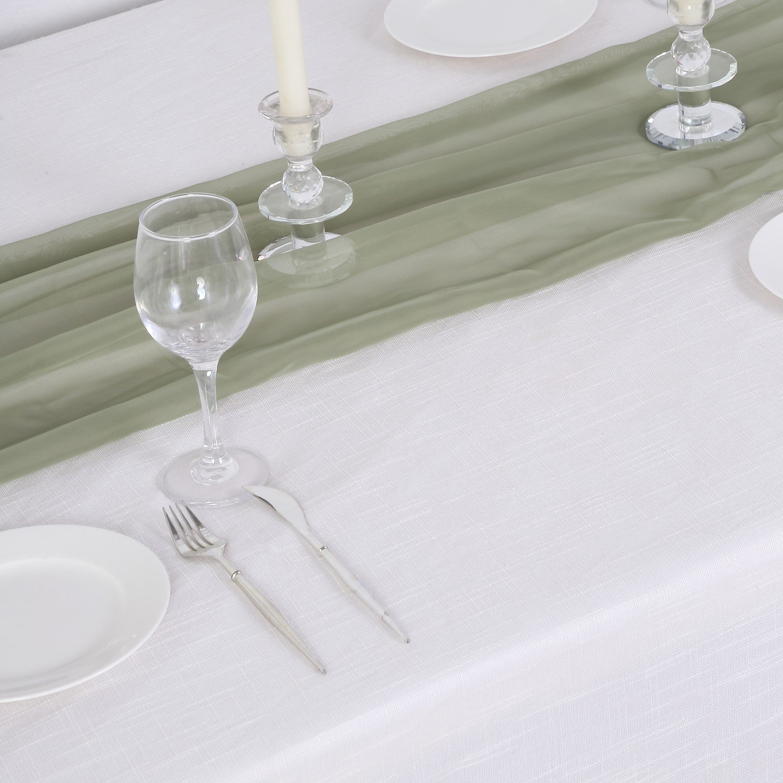 6ft Dusty Sage Green Chiffon Table Runner on a white table setting.