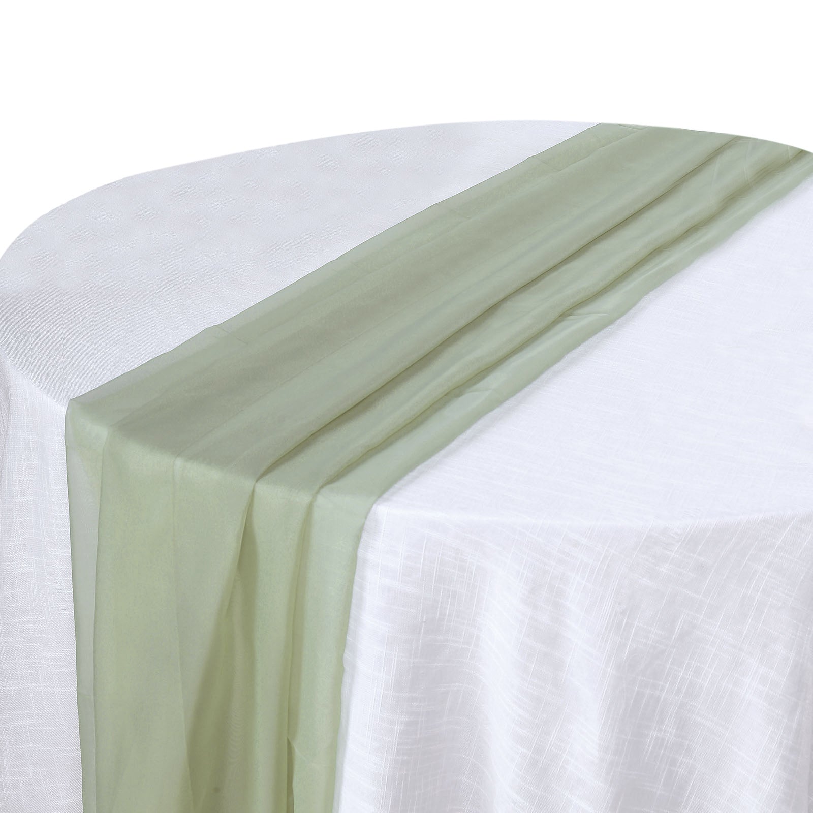 6ft Dusty Sage Green Chiffon Table Runner on a white table.