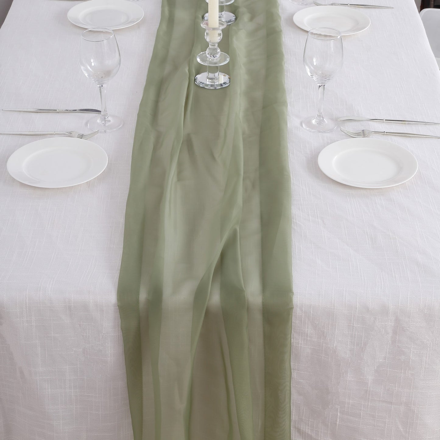 6ft Dusty Sage Green Chiffon Table Runner on a white table setting