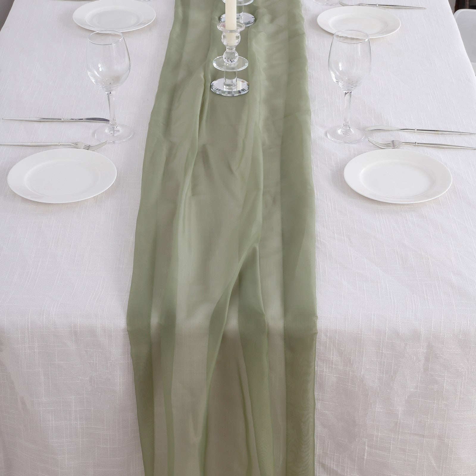 6ft Dusty Sage Green Chiffon Table Runner on a white table setting