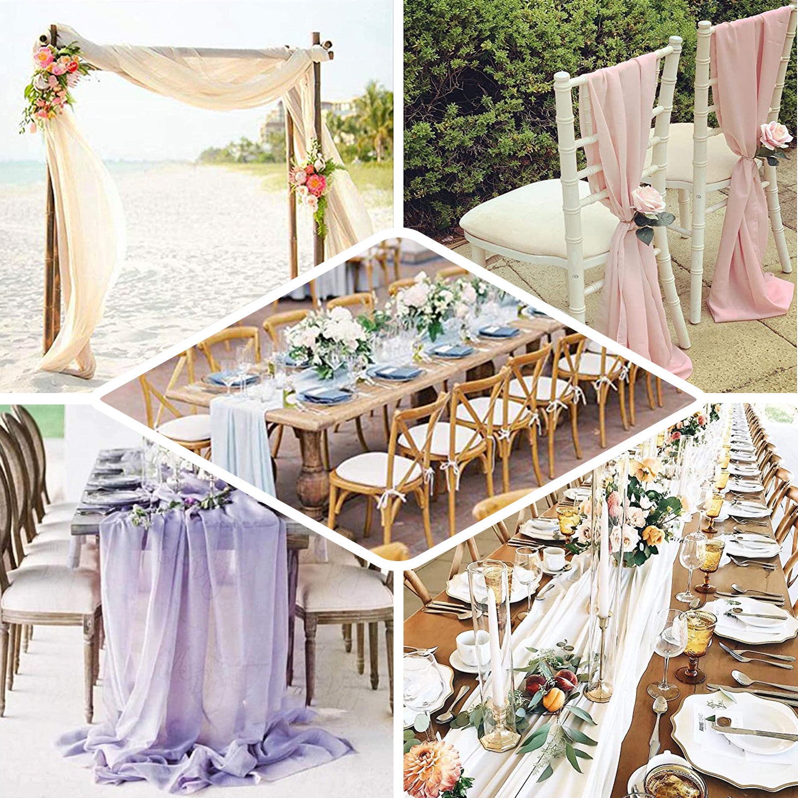 Dusty sage green chiffon table runner on a beautifully set table.