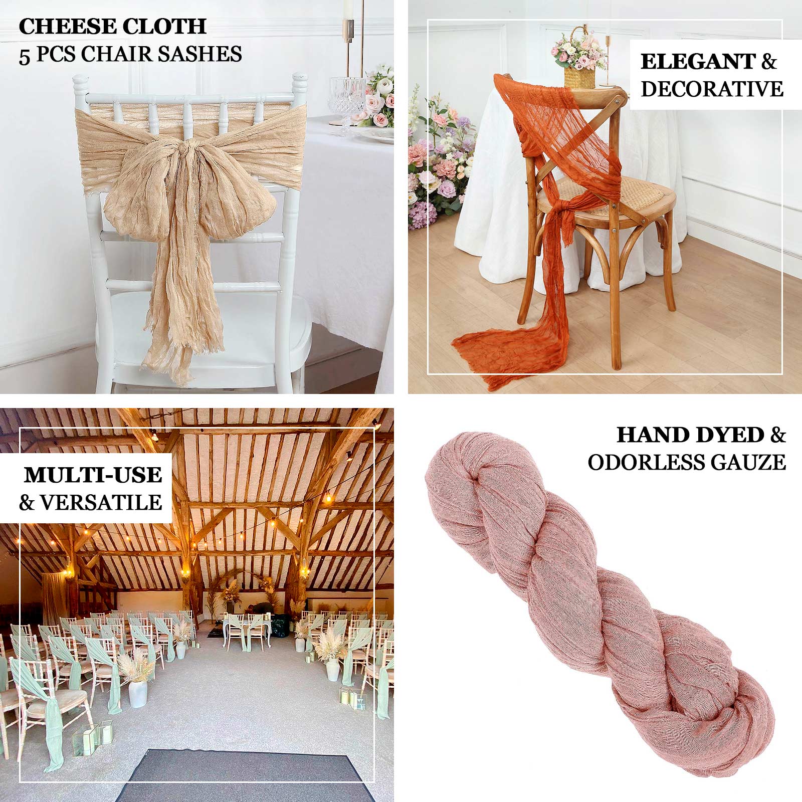 5 Pack | Ivory Gauze Cheesecloth Boho Chair Sashes - 16" x 88"