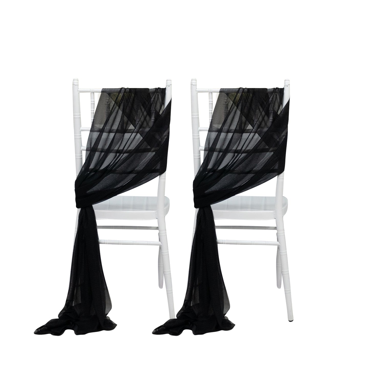 Black sheer chair drape decor with 9ft shimmer sashes, wrinkle-free.