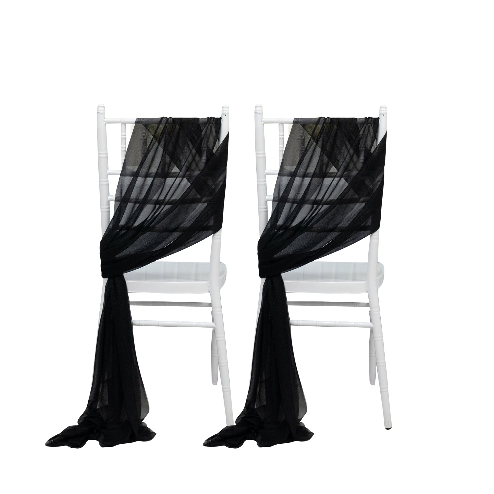 Black sheer chair drape decor with 9ft shimmer sashes, wrinkle-free.