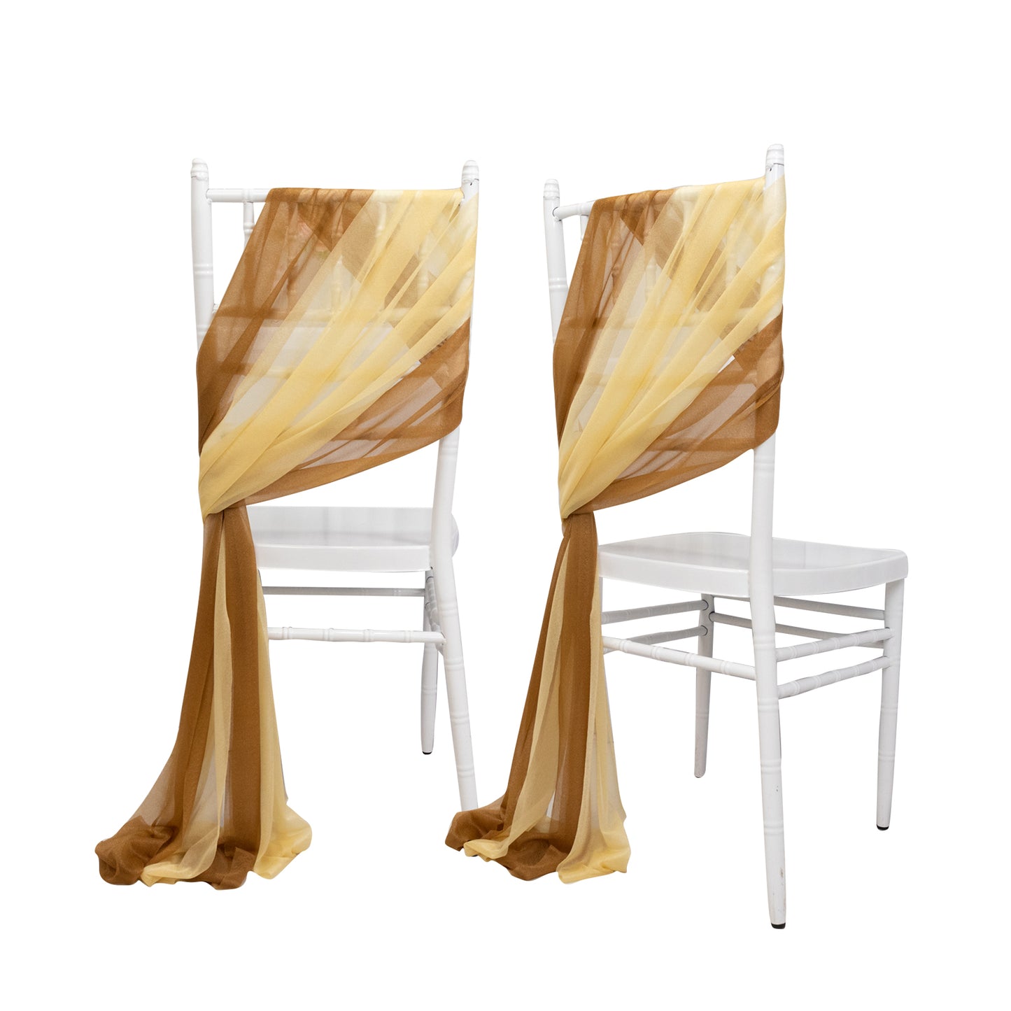 Champagne and gold sheer chair drapes on white chairs.