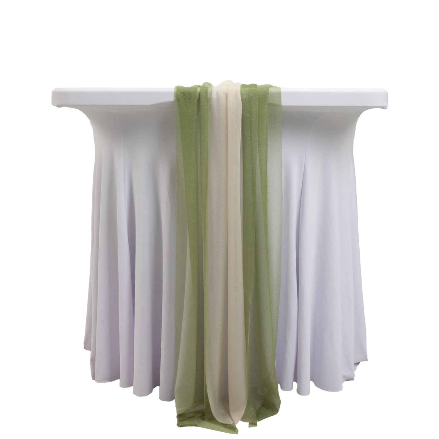 Dusty sage green and beige shimmer sheer table runners on a white table.