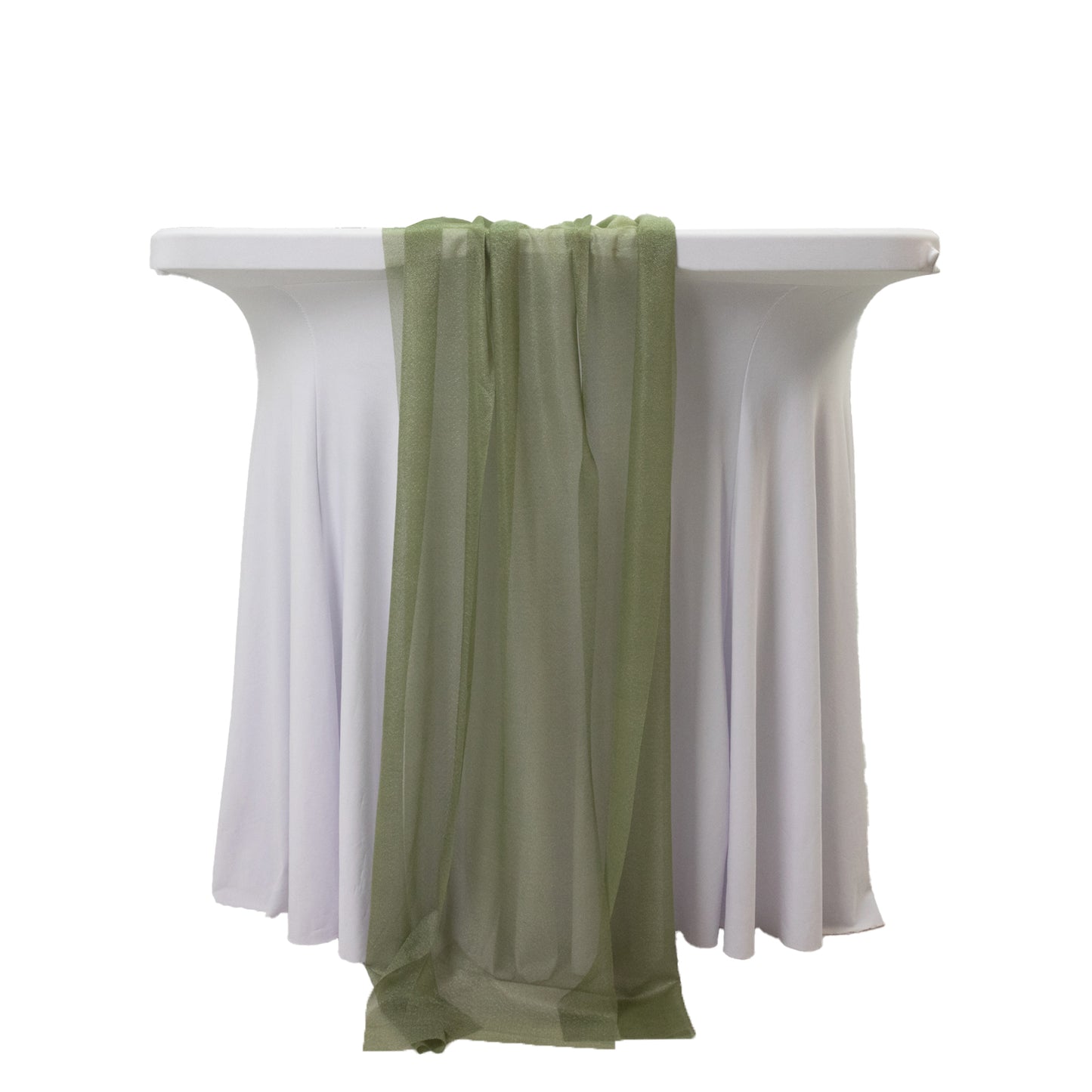 Dusty sage green sheer table runner draping over a white table.