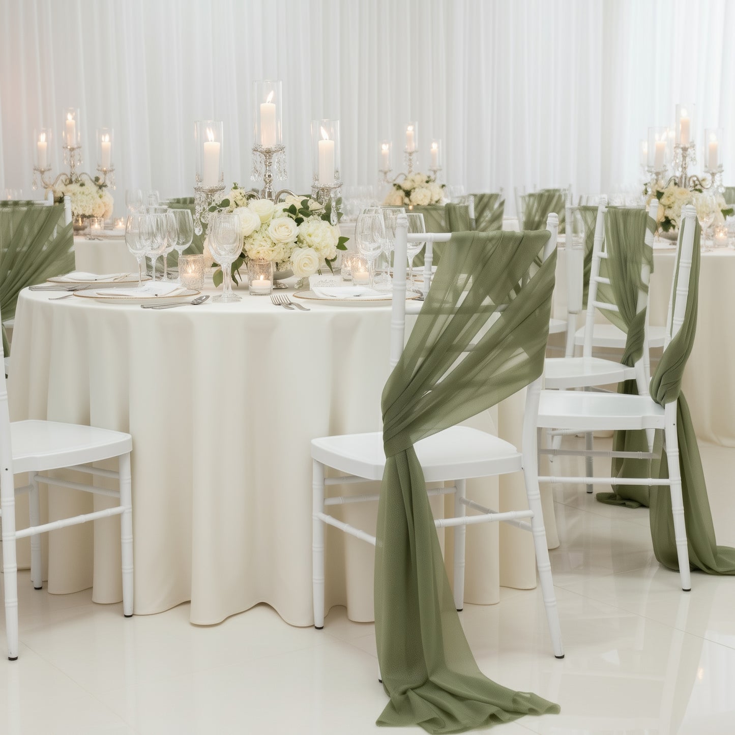 20-Pack Sheer Chair Drape Decor in Dusty Sage Green for elegant table settings.